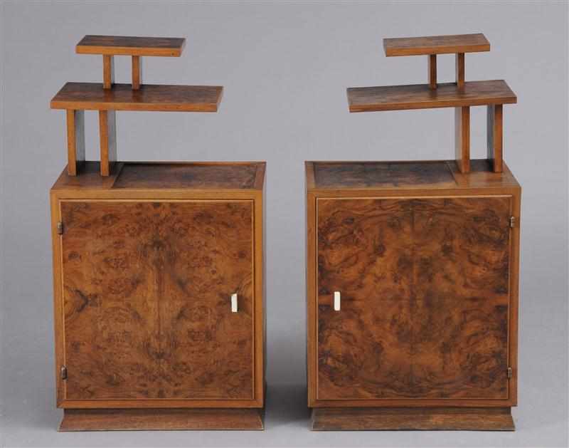 Appraisal: PAIR OF FRENCH ART DECO FIGURED WALNUT NIGHTSTANDS Each with