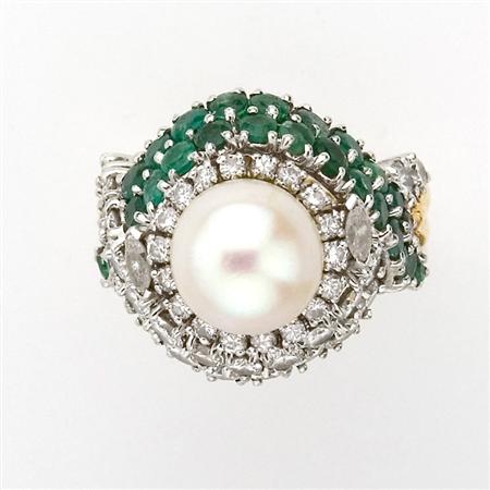 Appraisal: Gold Platinum Cultured Pearl Diamond and Emerald Ring Estimate -