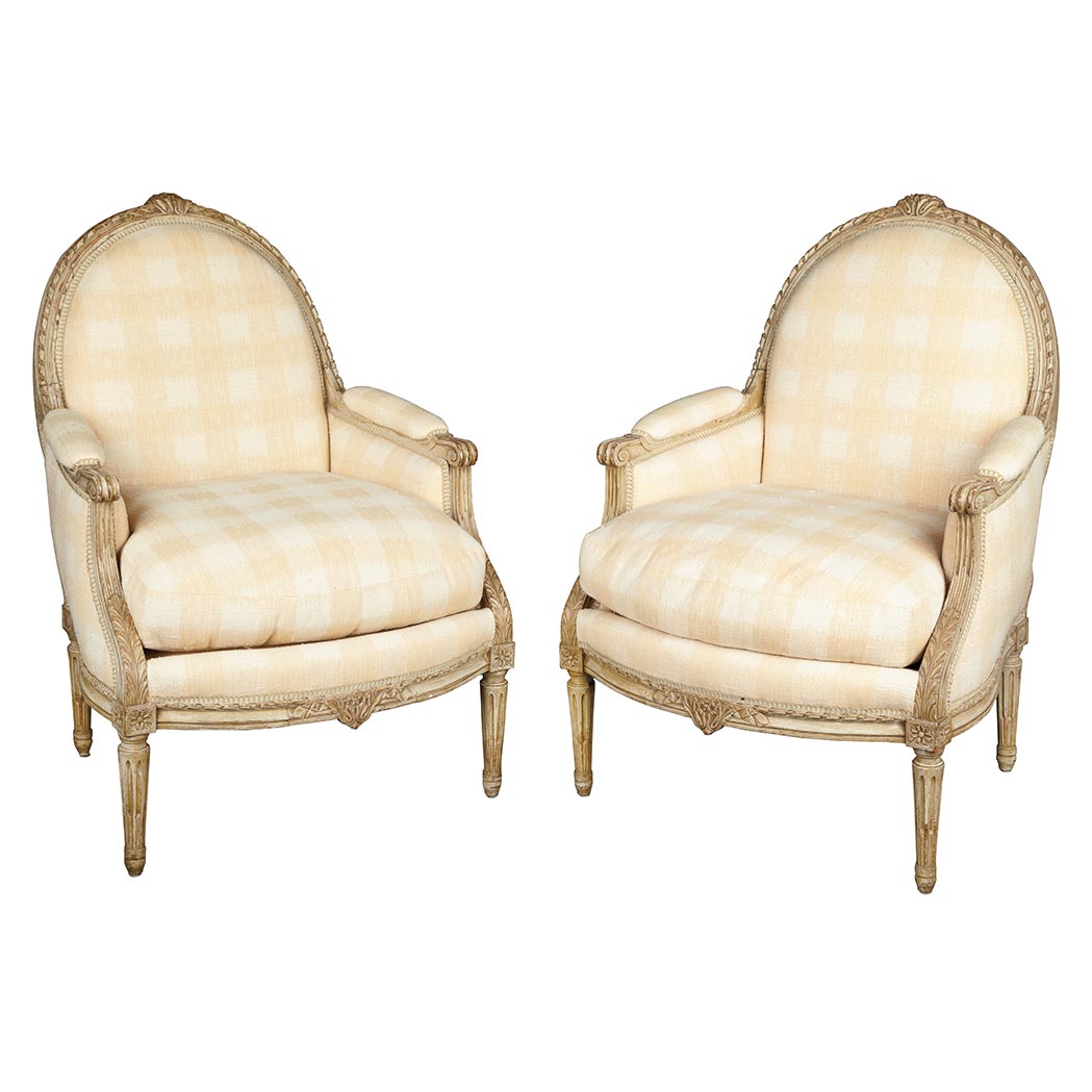 Appraisal: Pair of Louis XVI Style Painted Bergere EAch arched padded