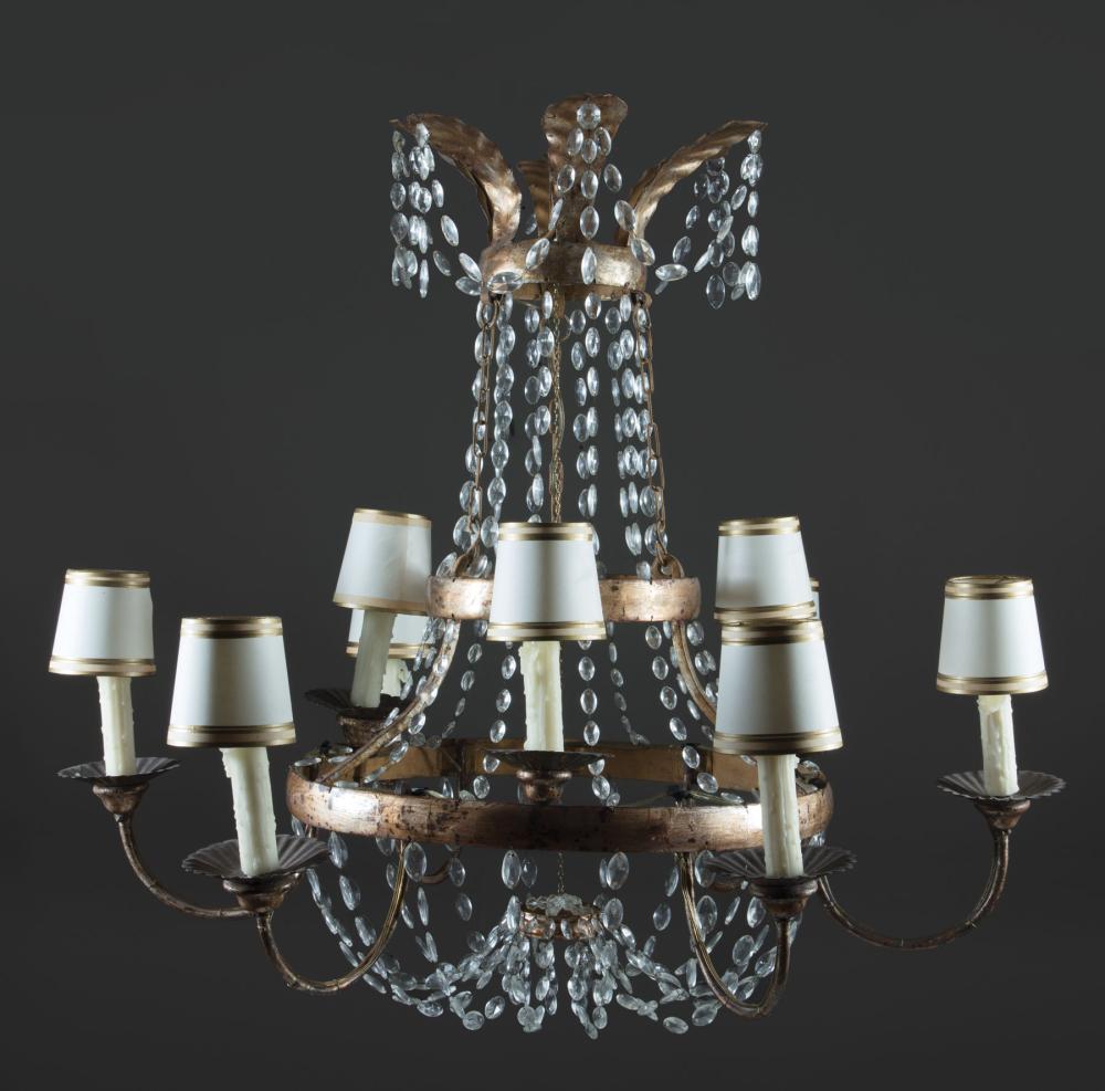 Appraisal: Continental Patinated Metal and Cut Crystal Nine-Light Chandelier th c