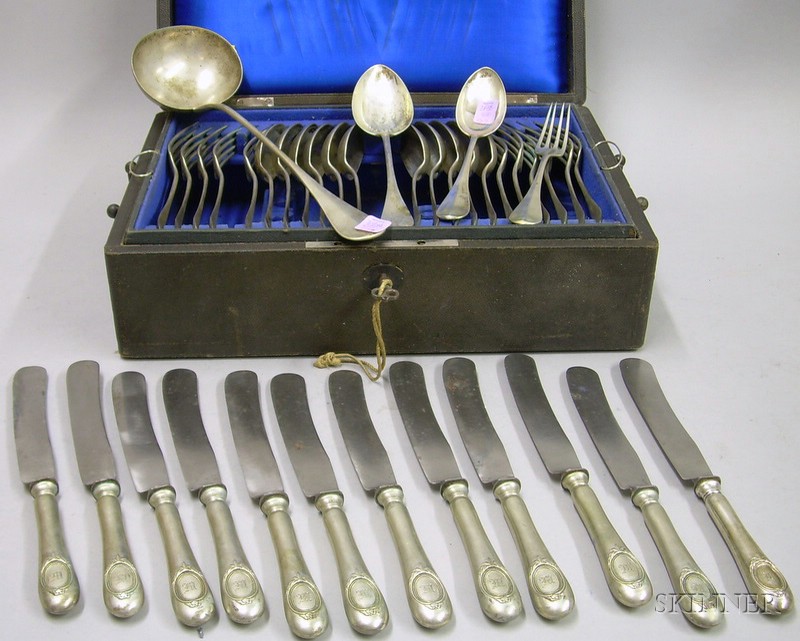 Appraisal: Silver Monogrammed Cased Partial Flatware Set including a large ladle