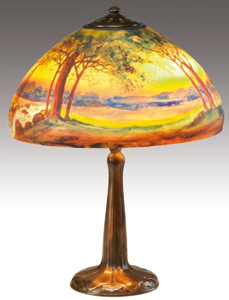 Appraisal: HANDEL Table lamp with a chipped glass shade reverse-painted with