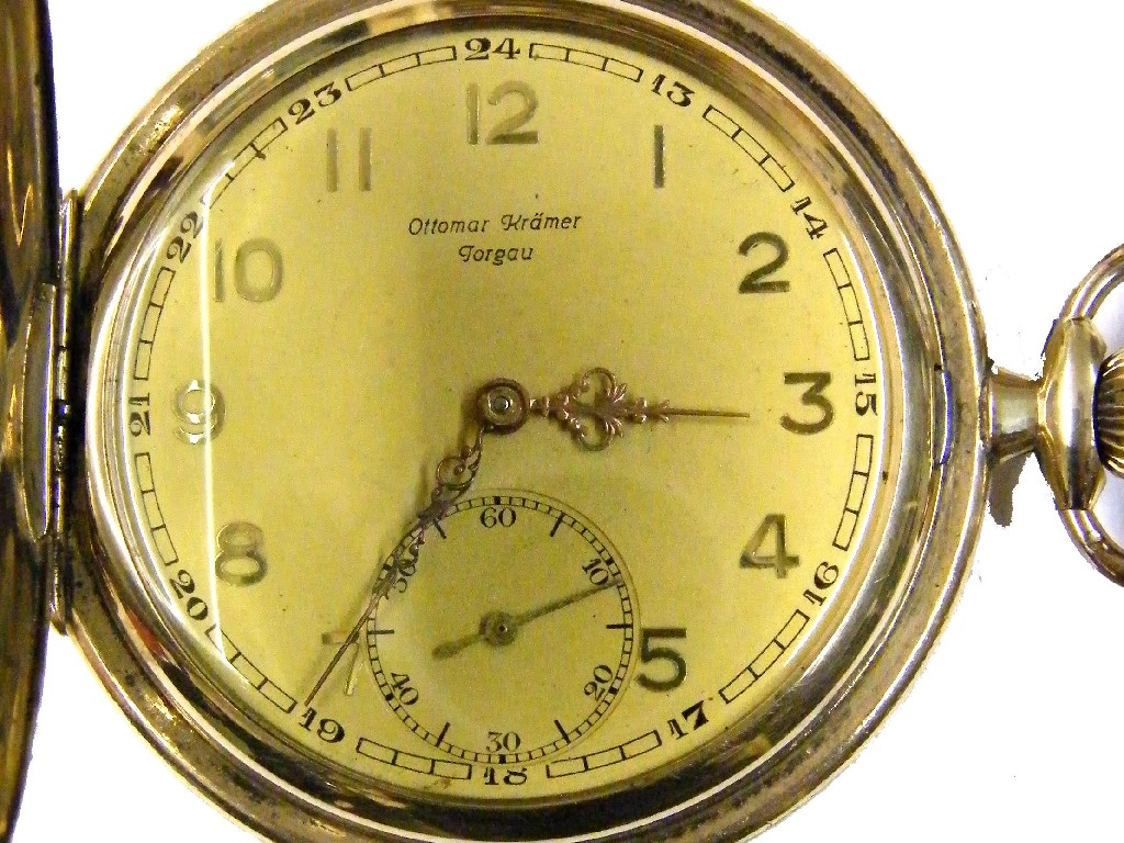 Appraisal: Unusual Junghans German gold plated hunter pocket watch gilt jewelled