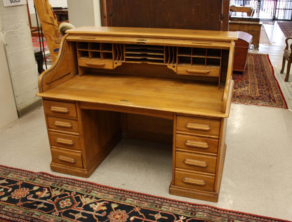 Appraisal: LARGE OAK ROLL-TOP DESK Rand Leopold Desk Co Burlington Iowa