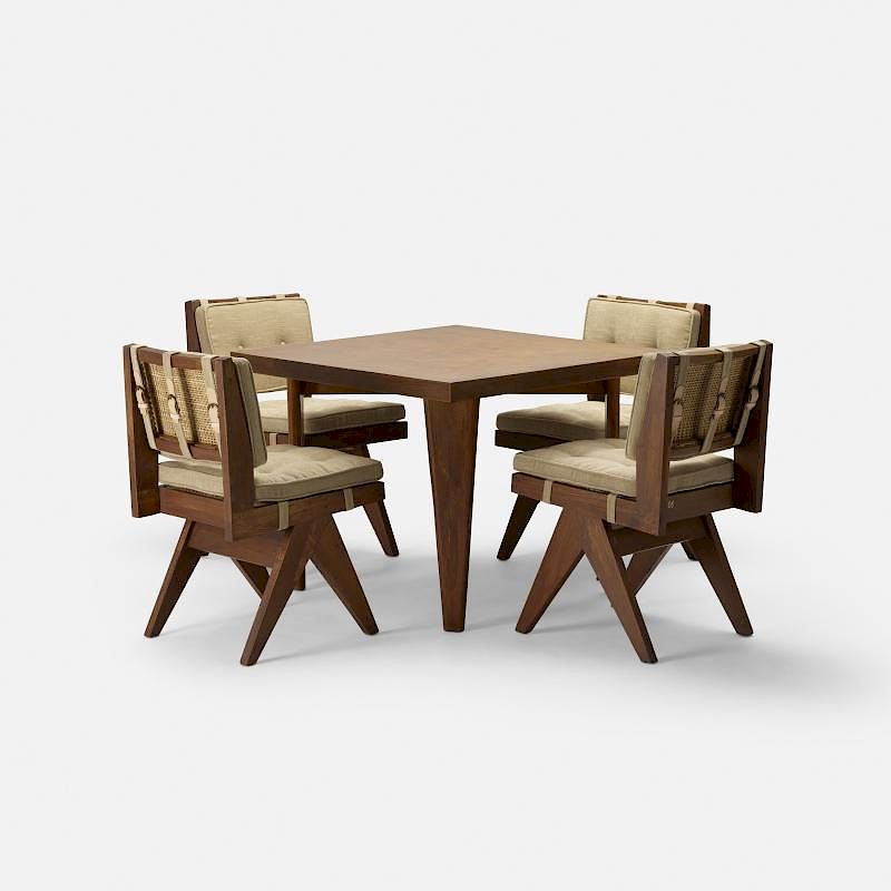 Appraisal: Pierre Jeanneret cafeteria table and four chairs from Chandigarh Pierre