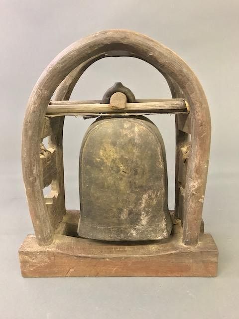 Appraisal: Japanese Bronze Bell on a Wood Stand Japanese bronze bell