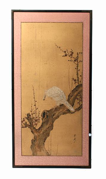 Appraisal: A pair of Japanese panels depicting hawks on trees one