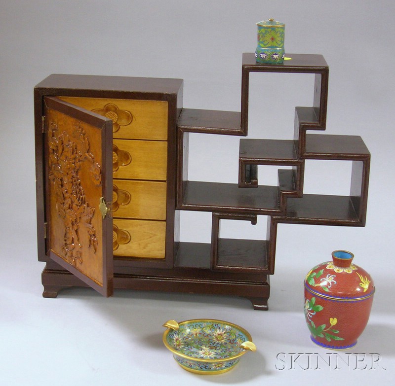 Appraisal: Three Pieces of Cloisonne and a Carved Wooden Stand