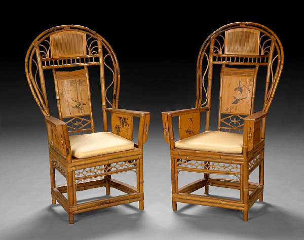 Appraisal: A pair of paint decorated bamboo armchairs Each with arched