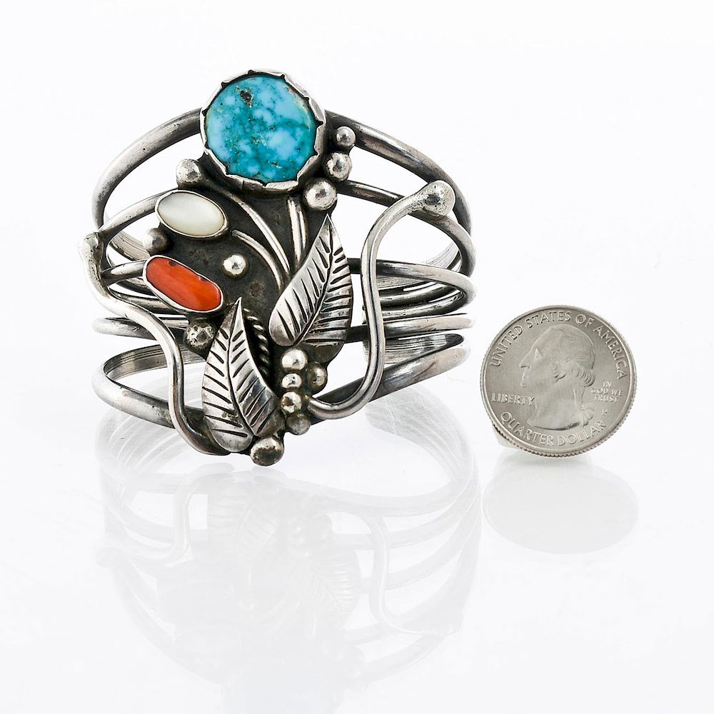 Appraisal: NATIVE AMERICAN SILVER TURQUOISE ULEXITE CORAL CUFF C approx weight