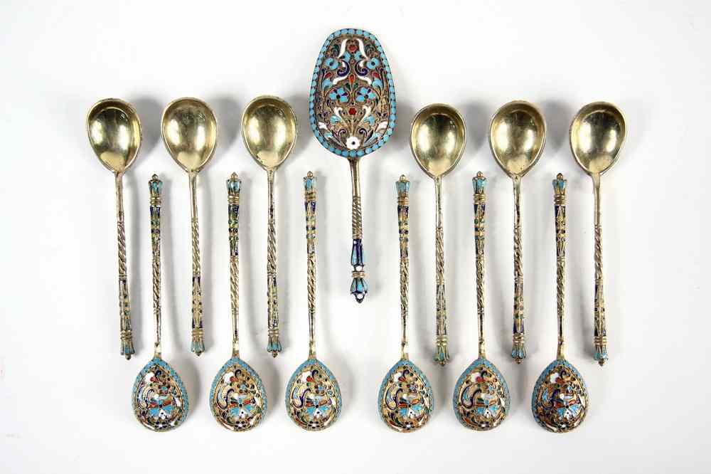 Appraisal: RUSSIAN ENAMEL SPOONS - Gold Washed Silver Spoons by Mikhail