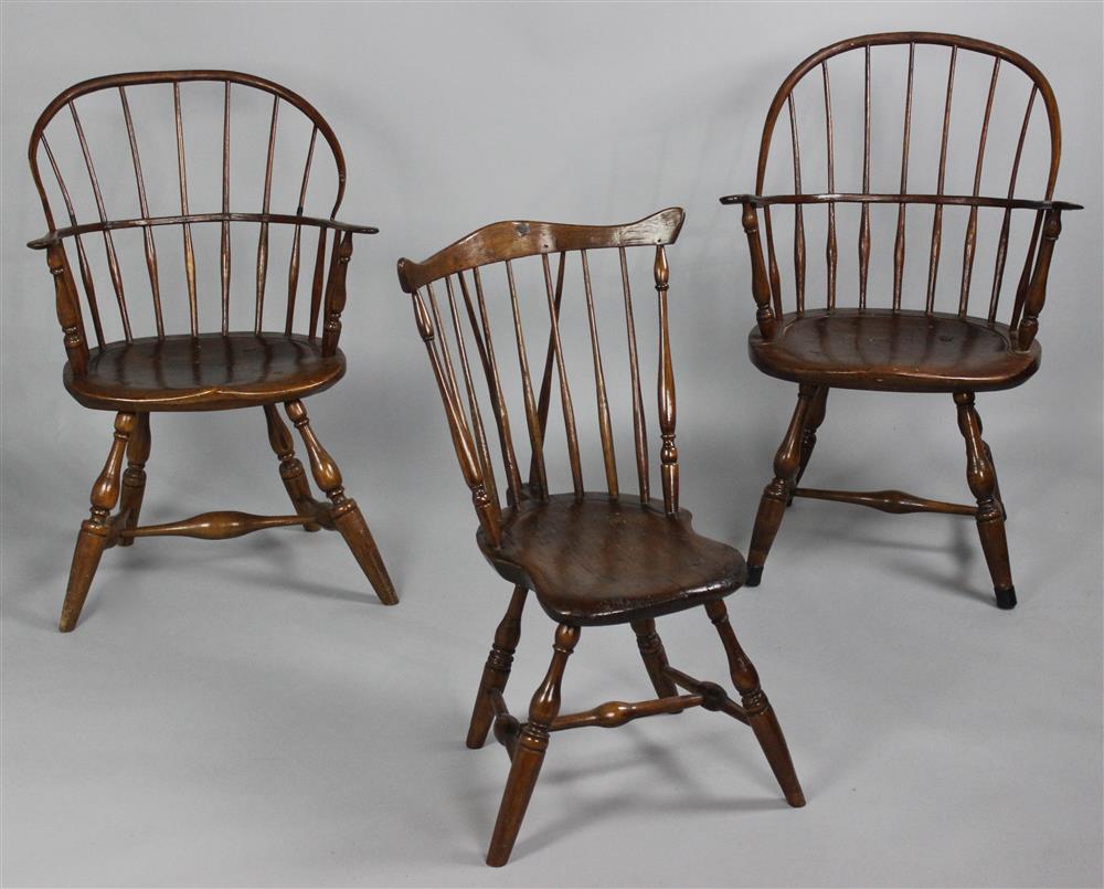 Appraisal: SET OF THREE TH CENTURY MIXED WOOD WINDSOR CHAIRS including