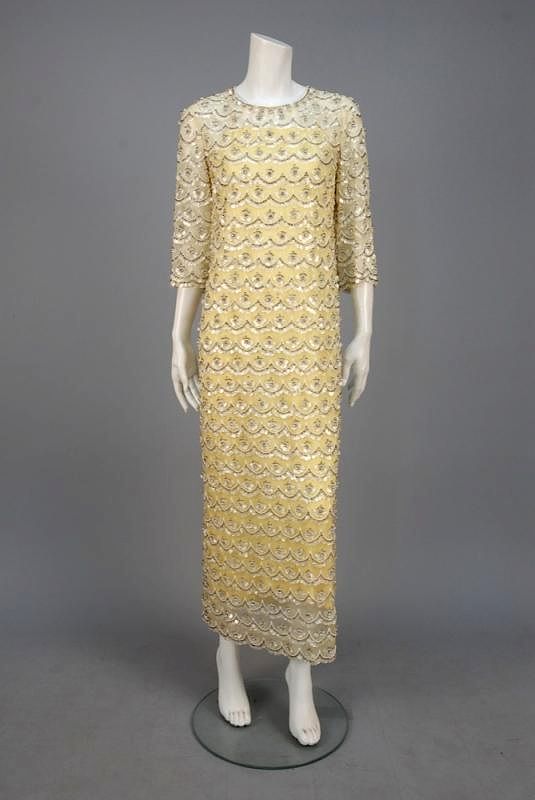 Appraisal: MOLLIE PARNIS JEWELED EVENING DRESS s Palest yellow silk organza