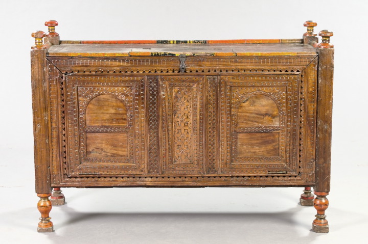 Appraisal: Unusual Indian Hardwood and Polychromed Coffer late th century the