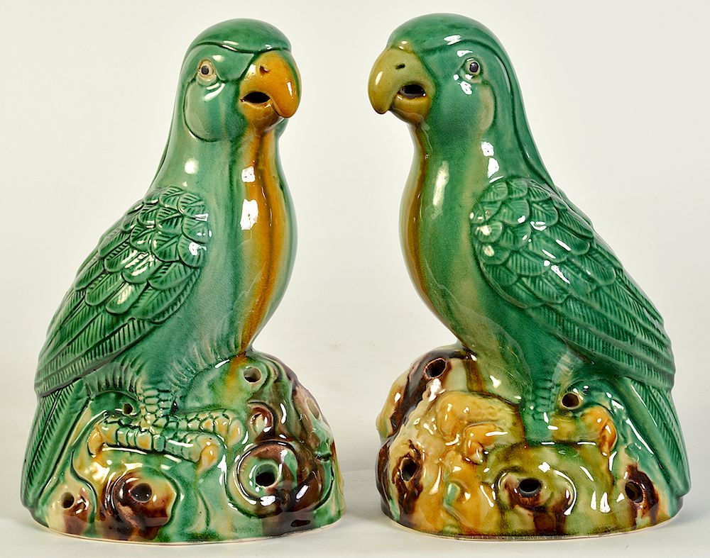 Appraisal: Pr Glazed Porcelain Bird Figurines Pair of colorful glazed porcelain