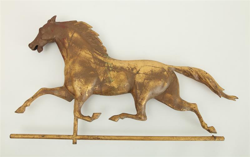 Appraisal: AMERICAN HOLLOW-CAST GILT-METAL TROTTING HORSE WEATHER VANE With lead-filled head