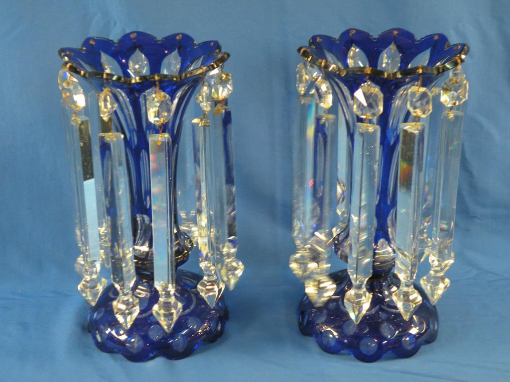 Appraisal: A pair of Bohemian type blue and clear glass table