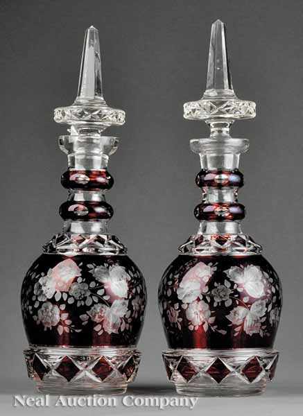 Appraisal: A Pair of Fine Antique Austro-Hungarian Cranberry Cut-to-Clear Glass Decanters