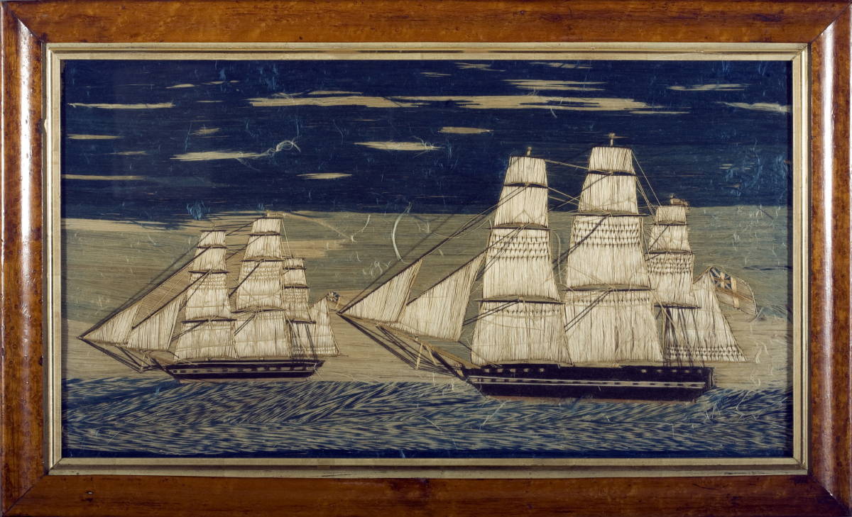 Appraisal: BRITISH SILK NEEDLEWORK PICTURE OF TWO FRIGATES ON THE OPEN