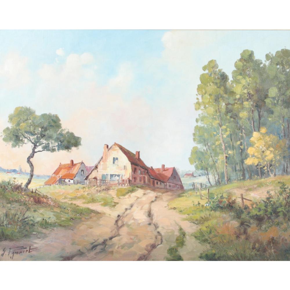 Appraisal: UNKNOWN AMERICAN TH CENTURY COUNTRYSIDE COTTAGE HOMESTEAD RURAL LANDSCAPE OIL