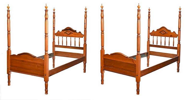 Appraisal: Pair of Victorian Style Twin Beds mixed woods shaped head