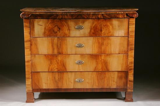 Appraisal: BIEDERMEIER BURLED WALNUT COMMODE early th century Projecting top with