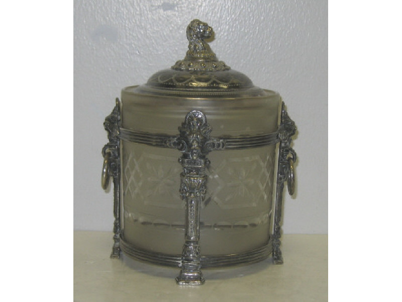 Appraisal: ENGLISH PLATED SILVER AND GLASS BISCUIT JAR Atkins Brothers Sheffield