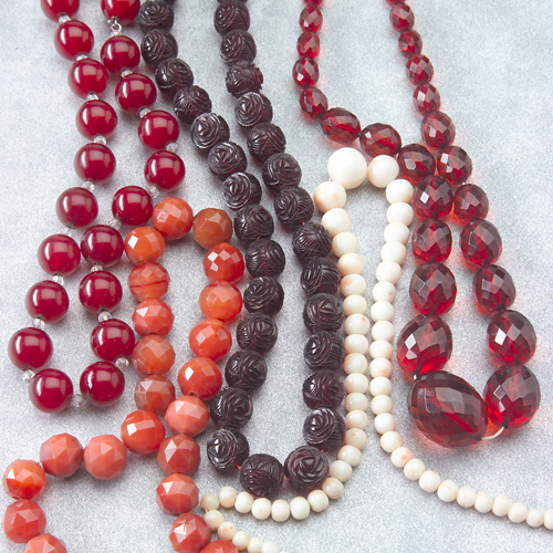 Appraisal: Five bead necklaces angel skin coral mm- mm faceted carnelian