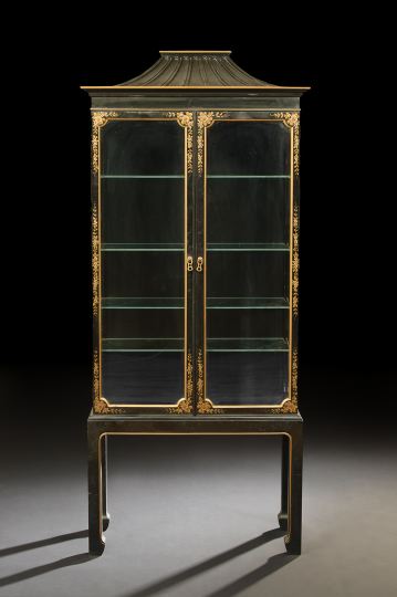 Appraisal: Chinoiserie-Style Polychromed Display Cabinet the pagoda-form crest above a case