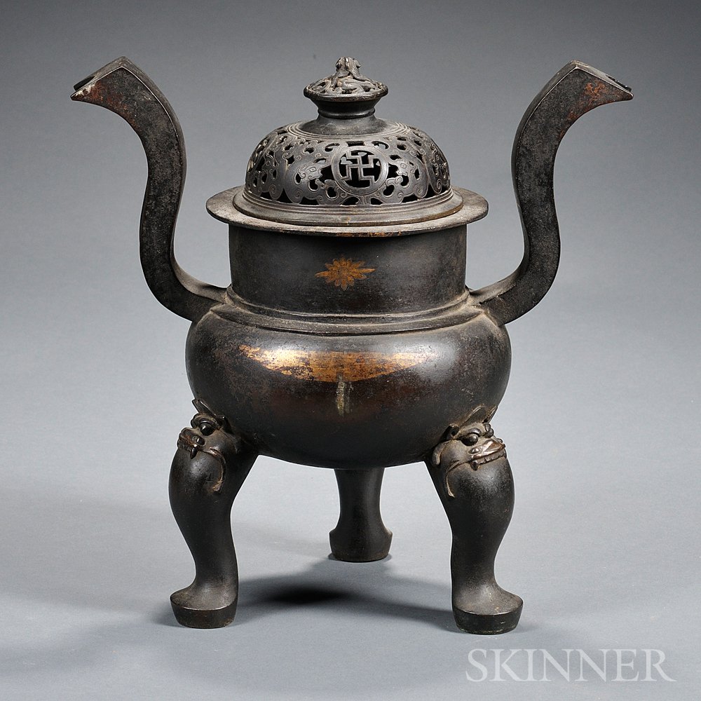 Appraisal: Bronze Covered Censer Japan with two S-shape handles and three