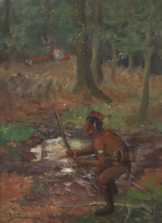 Appraisal: Framed oil on artist board painting Native American Archer Hunting