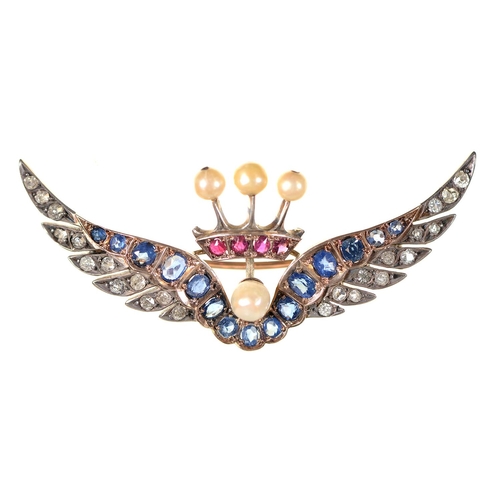 Appraisal: A ruby sapphire diamond and pearl coronet and wings brooch