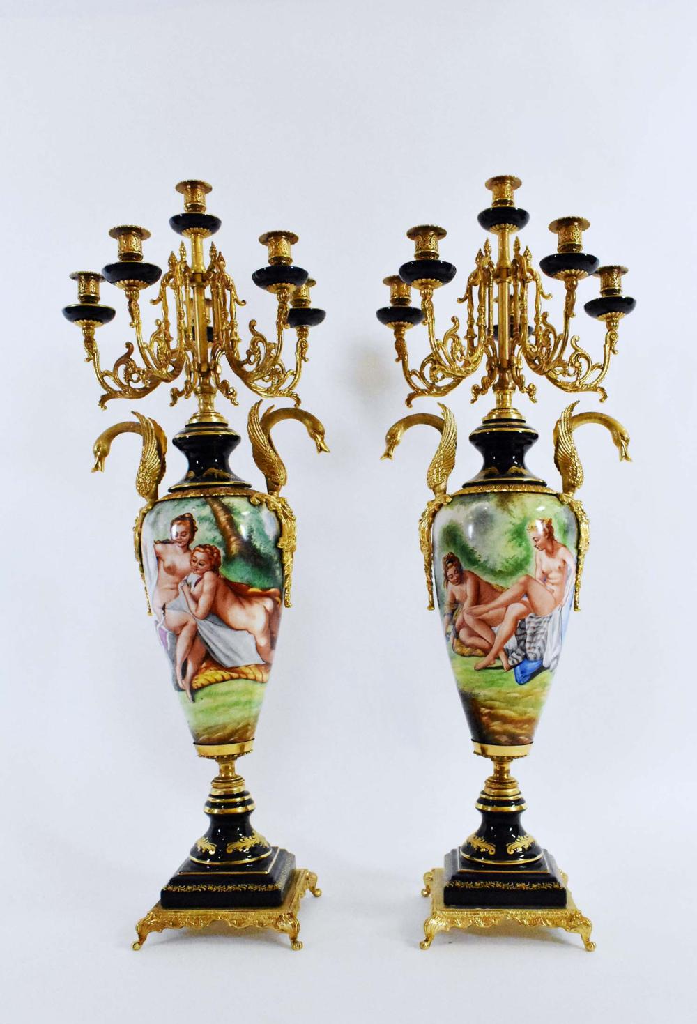 Appraisal: PR GILT METAL MOUNTED SEVRES STYLE PORCELAIN CANDELABRASEach tapered body