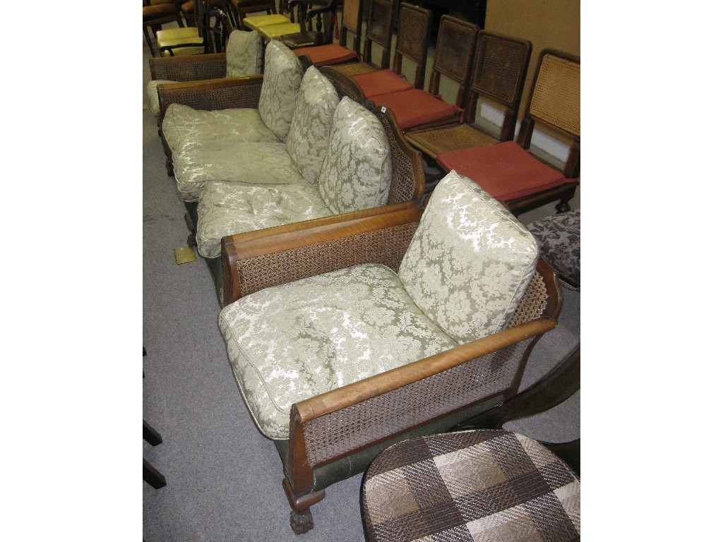 Appraisal: Three piece Bergere lounge suite with double cane sides on