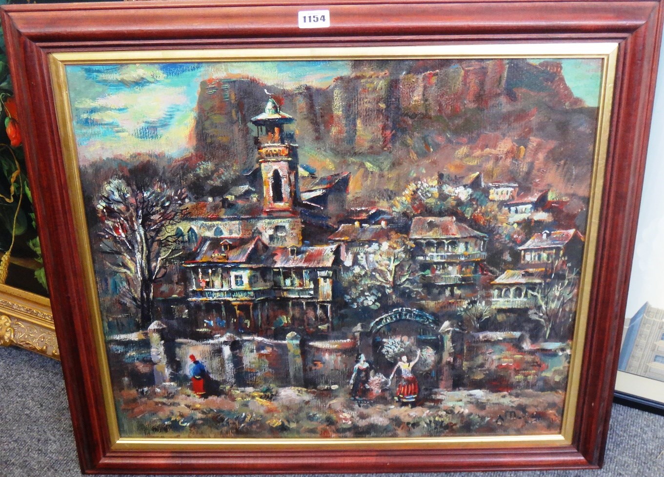 Appraisal: Russian School th century Figures by a hillside town oil