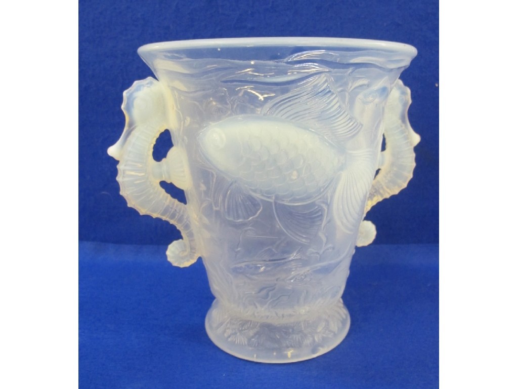 Appraisal: Barolac opaque glass vase with seahorse handles and fish decoration