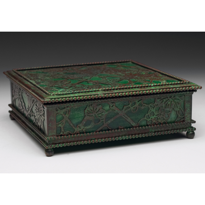 Appraisal: Tiffany Studios box bronze in thegrapevine pattern green glass fineoriginal