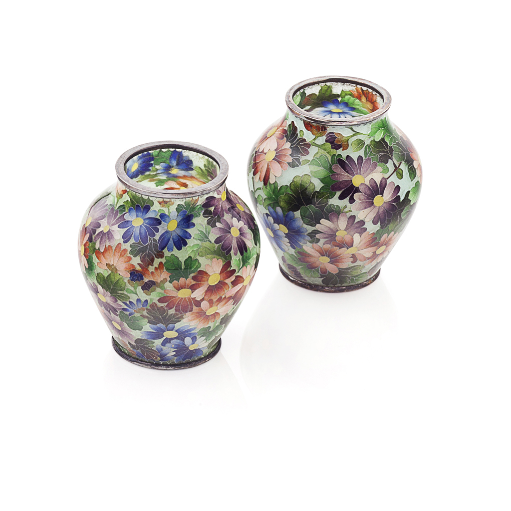 Appraisal: PAIR OF SMALL JAPANESE 'MILLE-FLEURS' PLIQUE-A-JOUR ENAMEL VASES MEIJI PERIOD