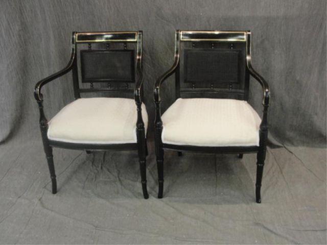 Appraisal: Pair of Black Lacquer Arm Chairs with Gilt Decorations From