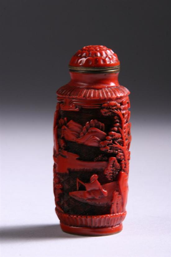 Appraisal: CHINESE CINNABAR SNUFF BOTTLE Carved to depict landscape