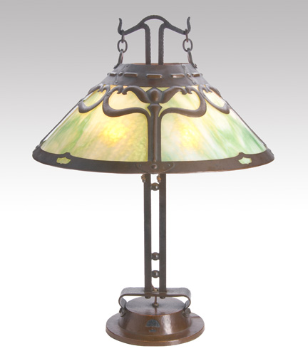 Appraisal: HANDEL Table lamp its shade with pierced hammered copper floral