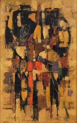 Appraisal: LEON QUANCHI b FRAGMENTS IN BLACK ORANGE Oil on canvas