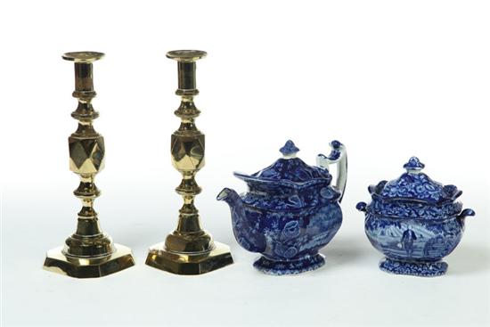 Appraisal: PAIR OF CANDLESTICKS AND HISTORIC BLUE STAFFORDSHIRE SUGAR AND TEAPOT