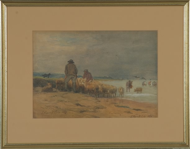 Appraisal: Sheep and herders along the water watercolor x sight SLR