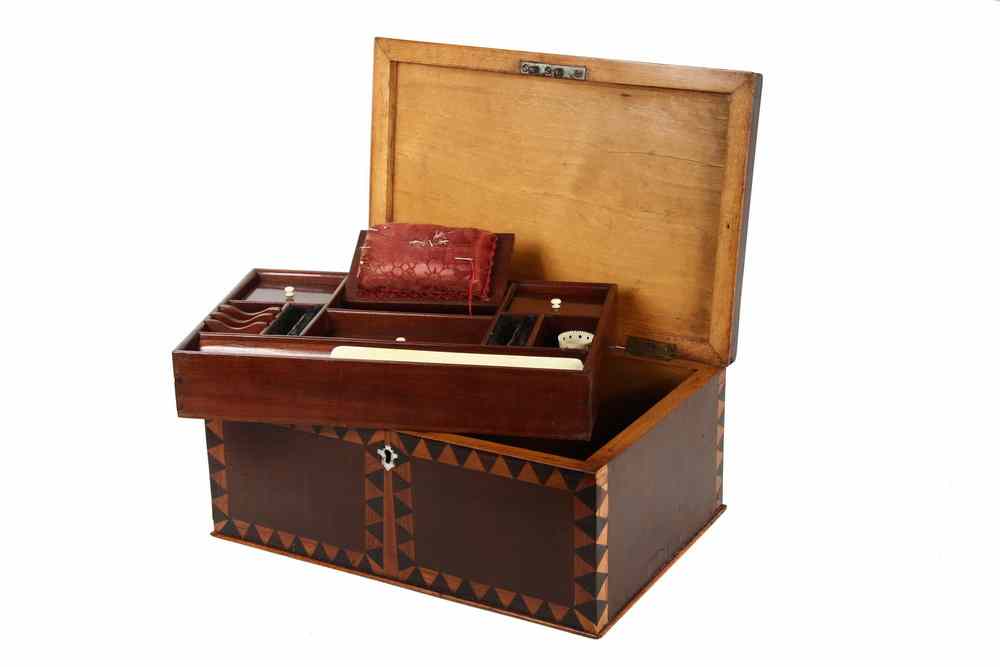 Appraisal: TH C HOMEMADE SEWING BOX - Pine Box in Mahogany