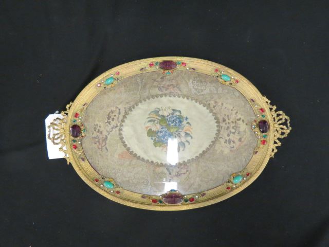 Appraisal: Jeweled Antique Dresser Tray pettipoint silk under glass in ornate