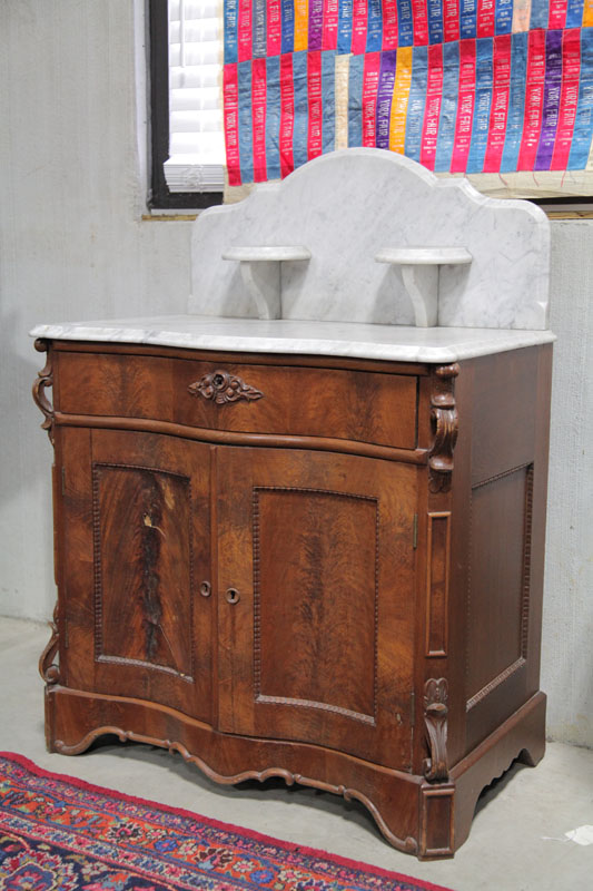 Appraisal: VICTORIAN COMMODE Walnut with burlwood accents and white marble top