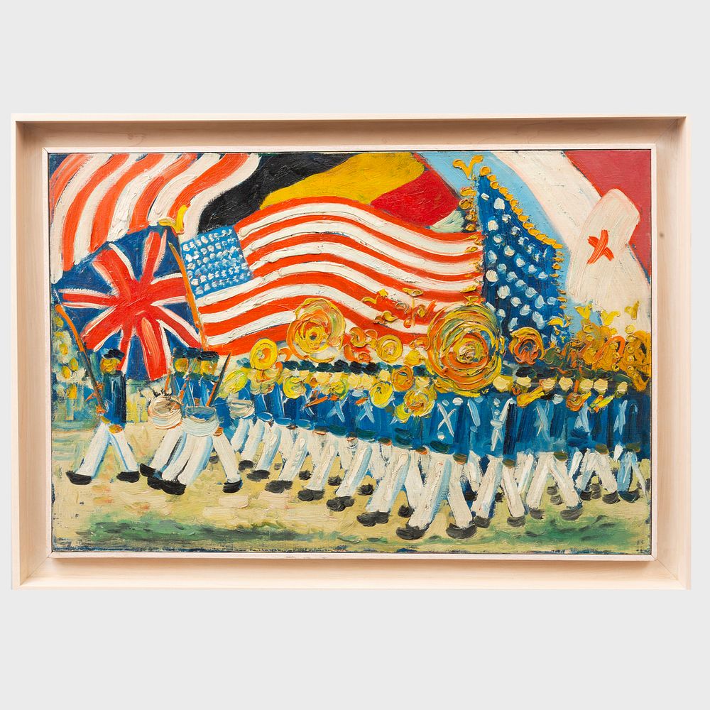 Appraisal: th Century School Marching Band with the American Flag Oil