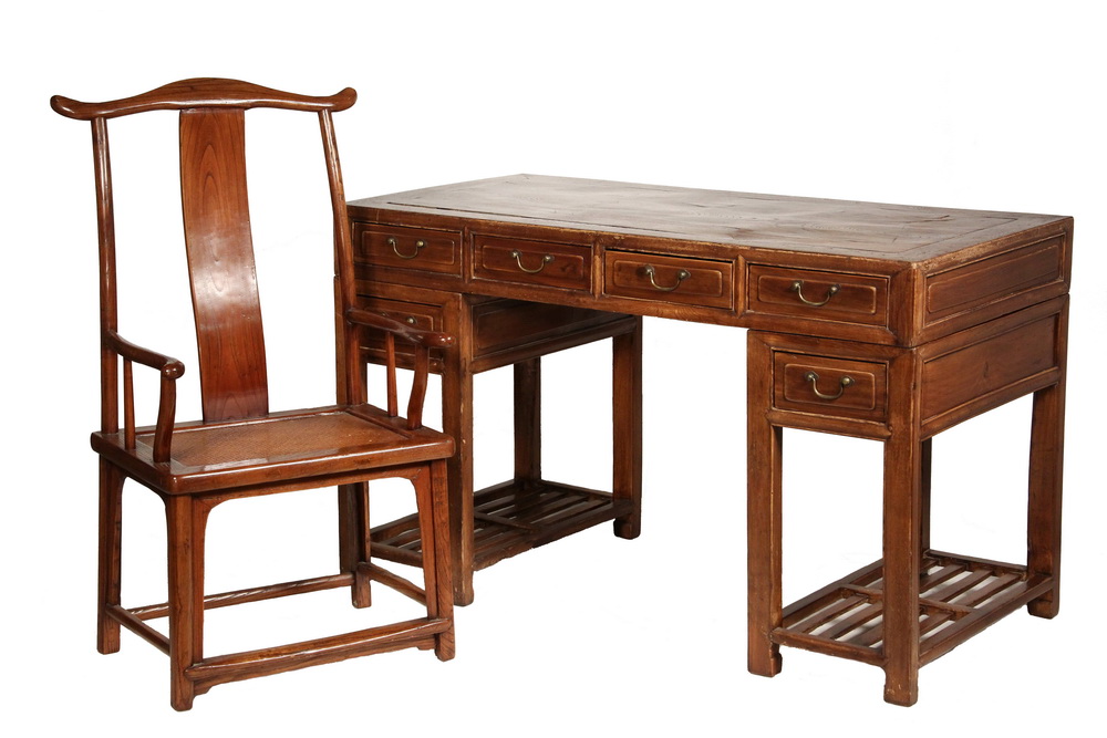 Appraisal: CHINESE DESK AND CHAIR - th c Three-Piece Huanghuali Desk