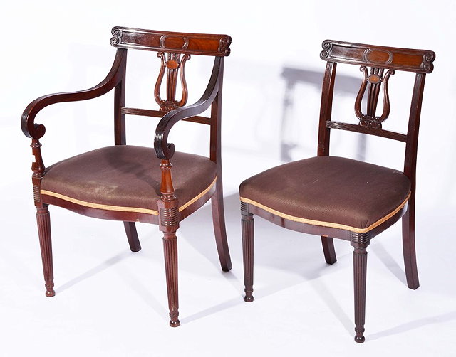 Appraisal: A SET OF EIGHT MAHOGANY GEORGIAN STYLE LYRE BACK ARMCHAIRS